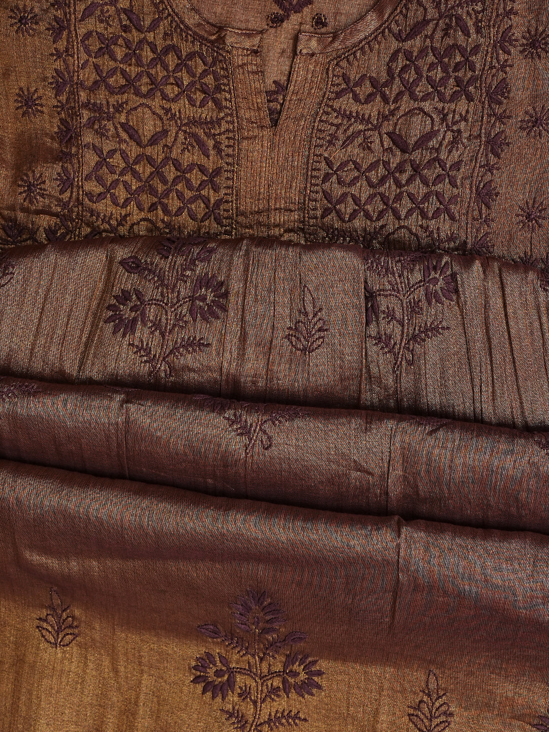 Ada Hand Embroidered Brown Tissue Lucknowi Chikankari Semi-stitched Kurta Dupatta set 01A946070