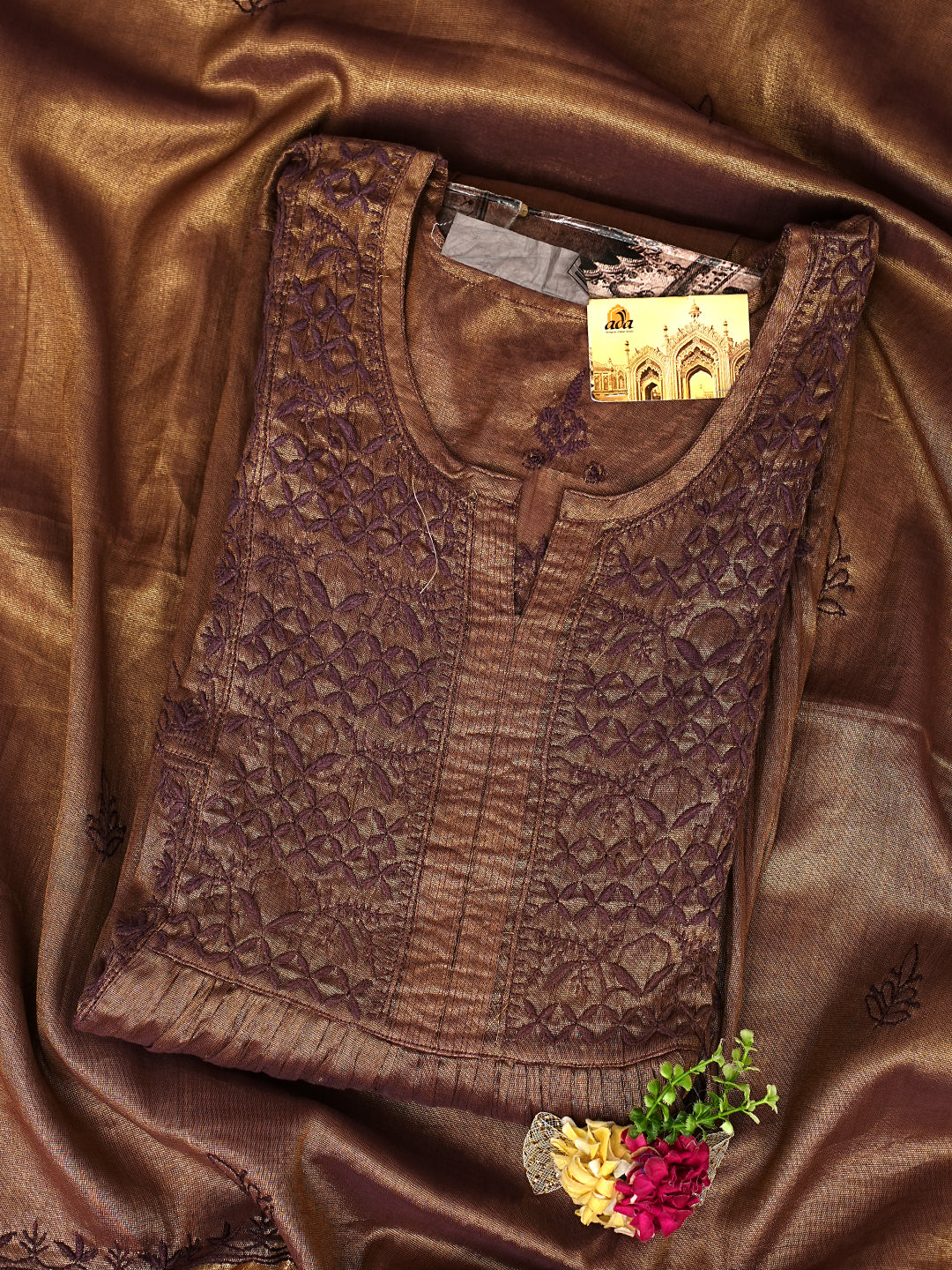 Ada Hand Embroidered Brown Tissue Lucknowi Chikankari Semi-stitched Kurta Dupatta set 01A946070