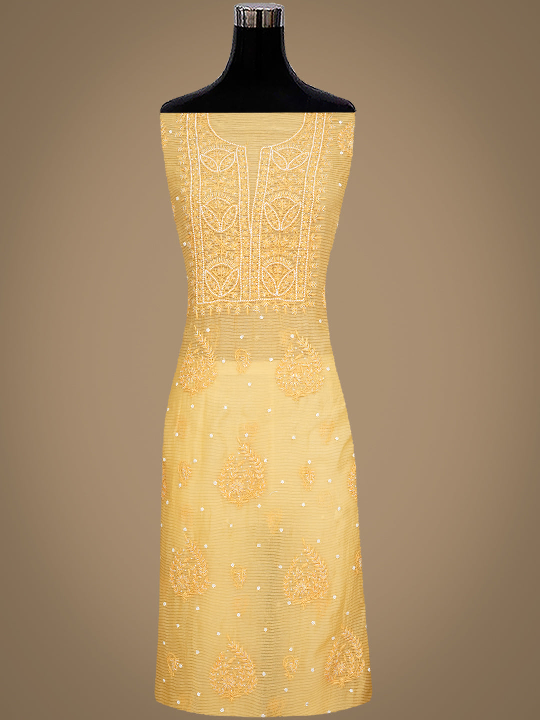 Ada Hand Embroidered Butter Yellow Chanderi Lucknowi Chikankari Unstitched Kurta Dupatta Set With Pearl Work 01A947890