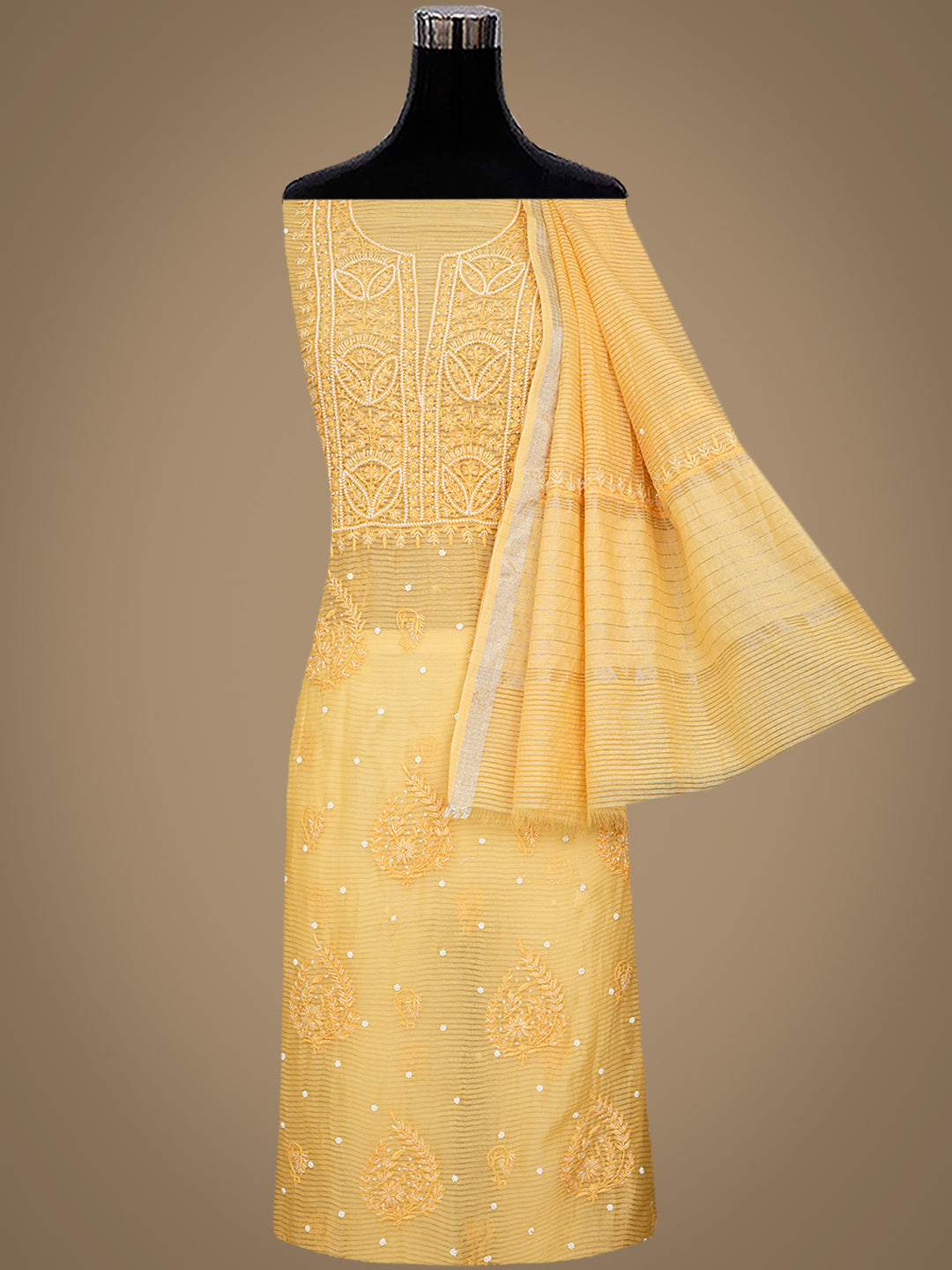 Ada Hand Embroidered Butter Yellow Chanderi Lucknowi Chikankari Unstitched Kurta Dupatta Set With Pearl Work 01A947890