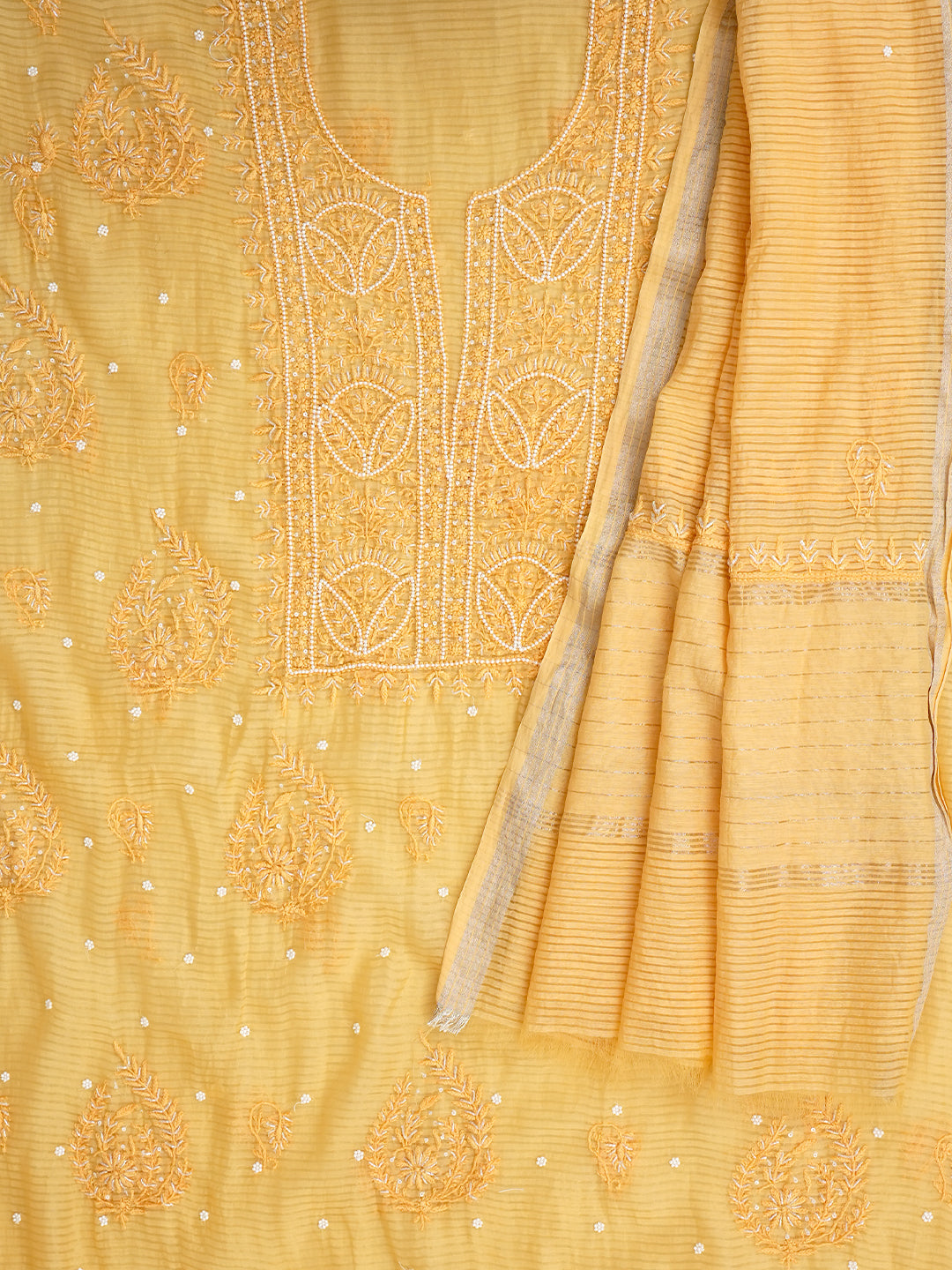 Ada Hand Embroidered Butter Yellow Chanderi Lucknowi Chikankari Unstitched Kurta Dupatta Set With Pearl Work 01A947890