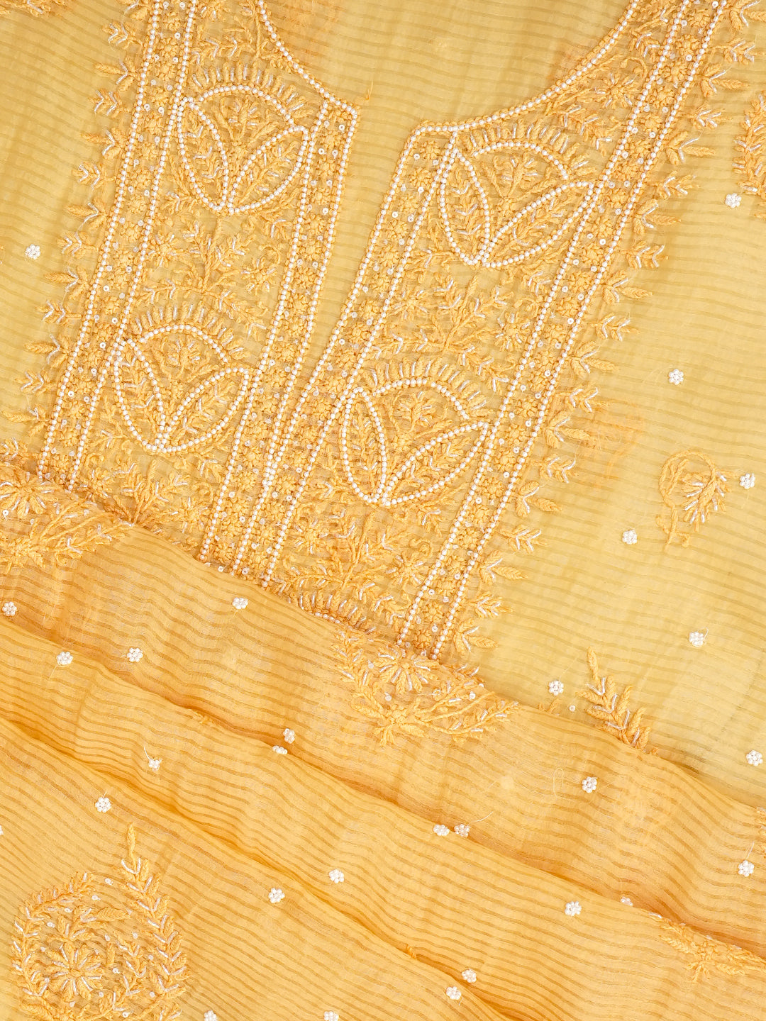 Ada Hand Embroidered Butter Yellow Chanderi Lucknowi Chikankari Unstitched Kurta Dupatta Set With Pearl Work 01A947890