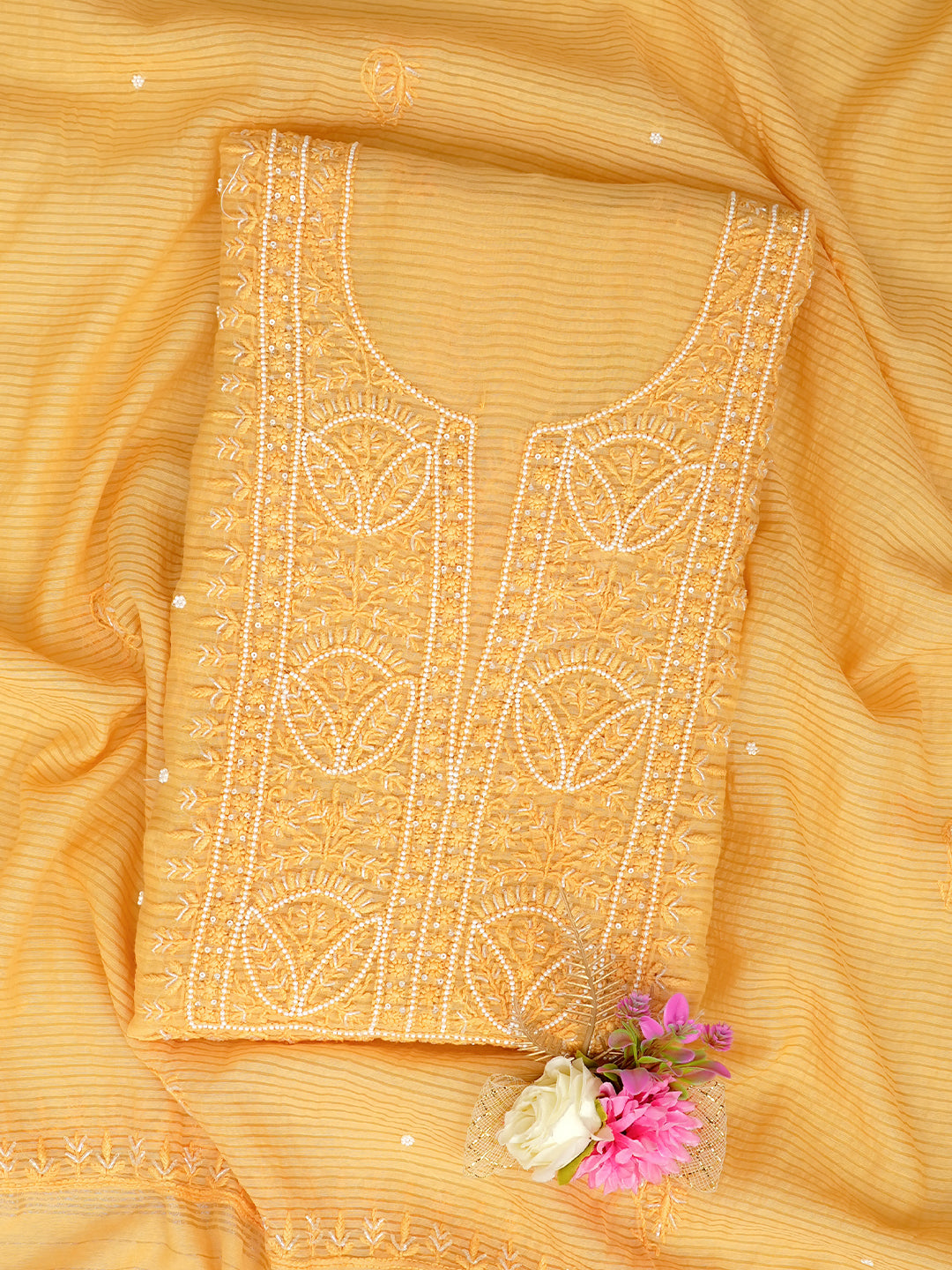 Ada Hand Embroidered Butter Yellow Chanderi Lucknowi Chikankari Unstitched Kurta Dupatta Set With Pearl Work 01A947890