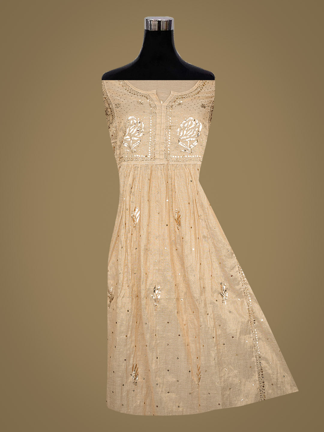 Ada Hand Embroidered Camel Brown Tissue Semi-Stitched A-line Kurta Dupatta Set With Muqaish Work 01A961861