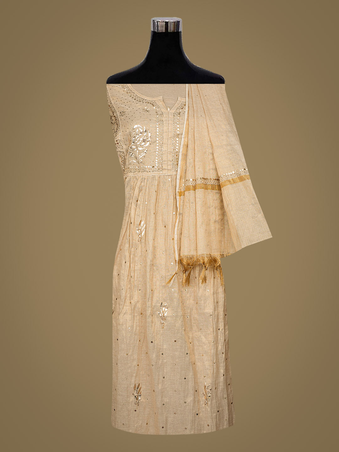 Ada Hand Embroidered Camel Brown Tissue Semi-Stitched A-line Kurta Dupatta Set With Muqaish Work 01A961861