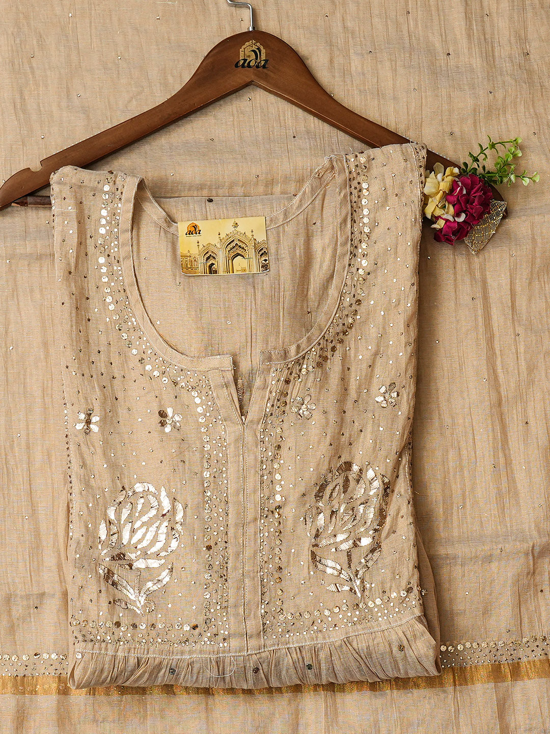 Ada Hand Embroidered Camel Brown Tissue Semi-Stitched A-line Kurta Dupatta Set With Muqaish Work 01A961861