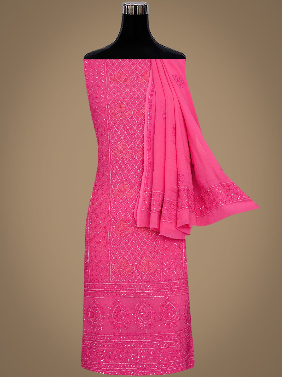 Ada Hand Embroidered Carrot Pink Viscose Georgette Lucknowi Chikankari Unstitched Kurta Dupatta Set With Sequinned Work 01A965034