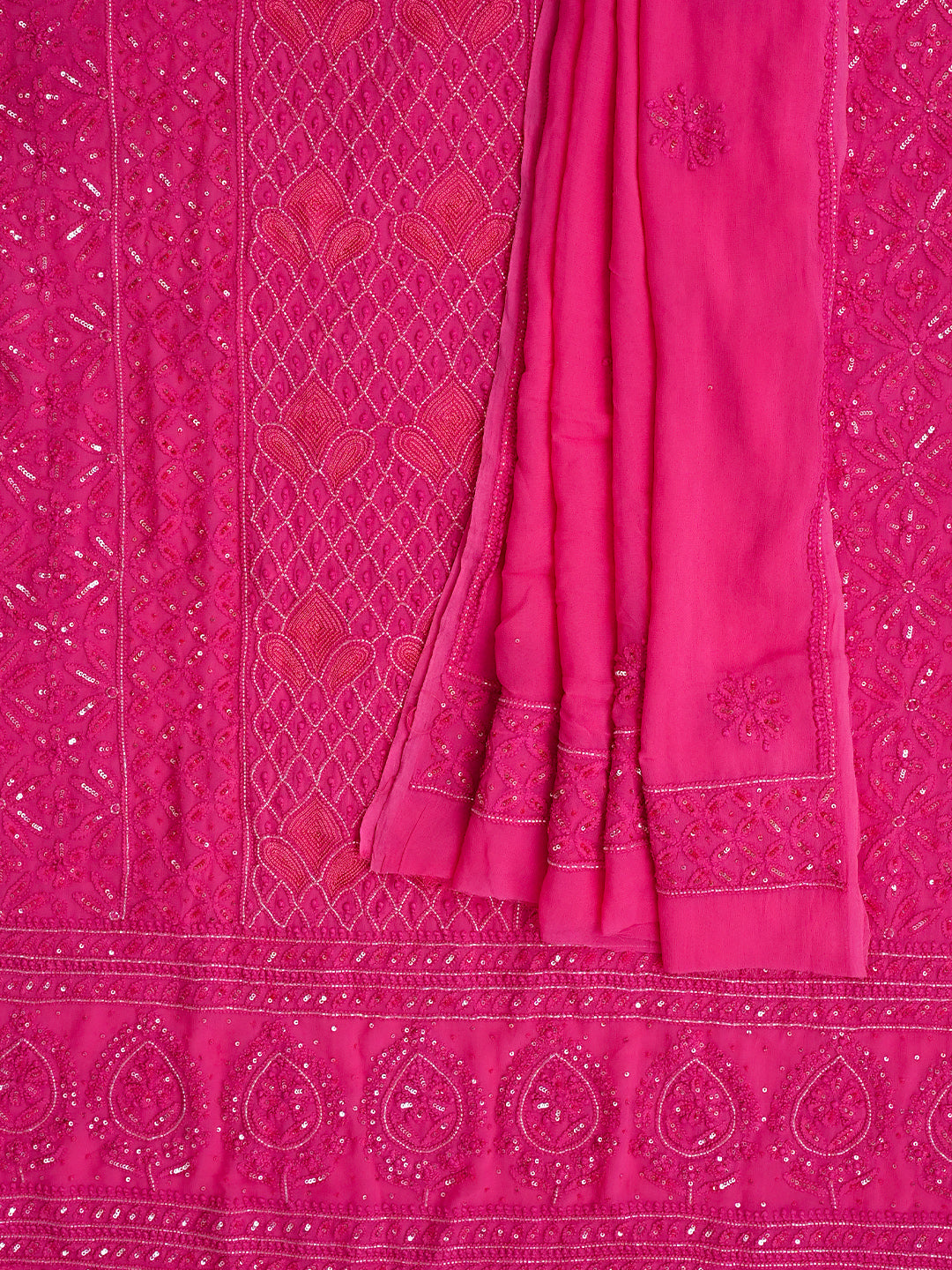 Ada Hand Embroidered Carrot Pink Viscose Georgette Lucknowi Chikankari Unstitched Kurta Dupatta Set With Sequinned Work 01A965034
