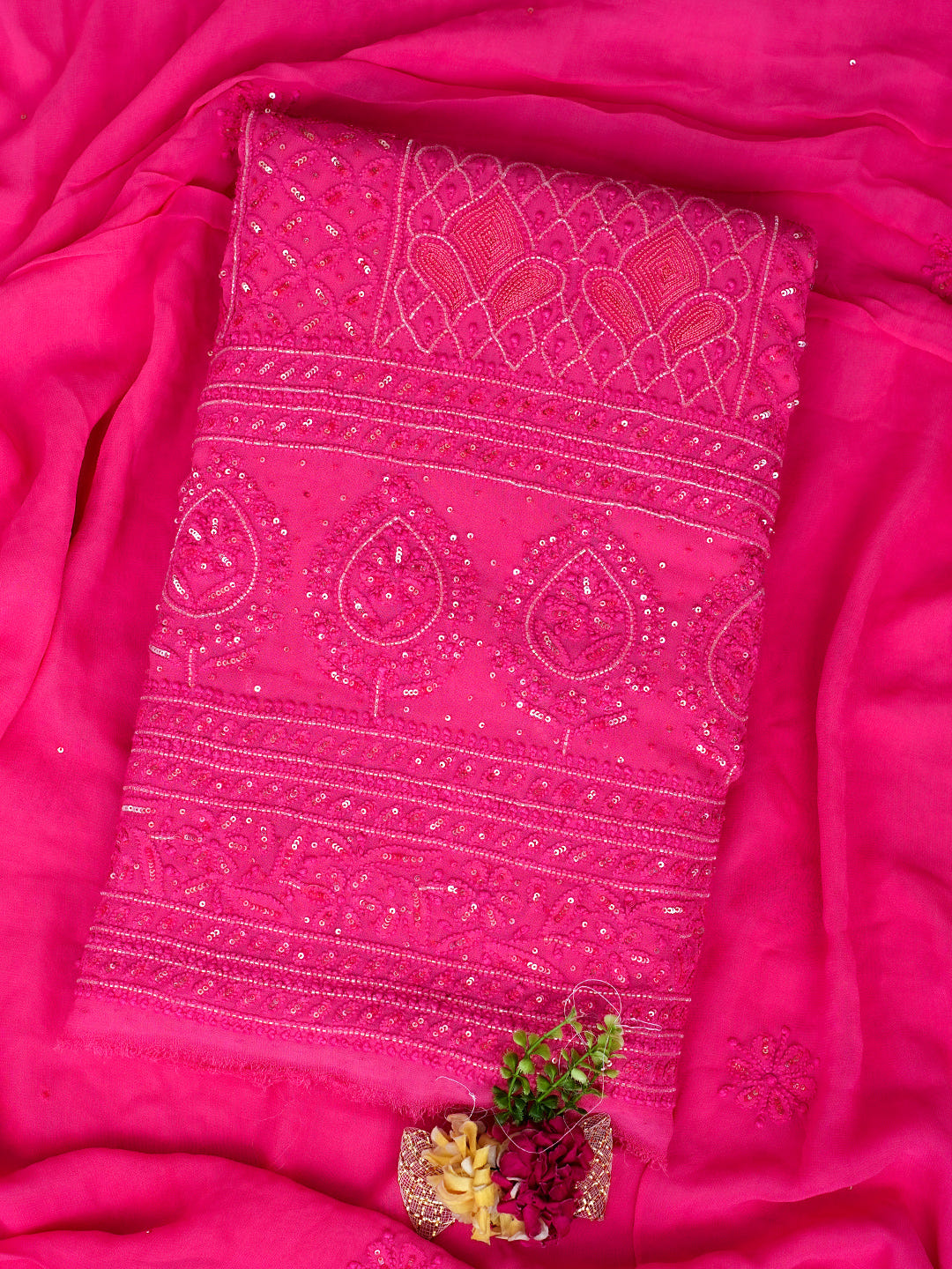 Ada Hand Embroidered Carrot Pink Viscose Georgette Lucknowi Chikankari Unstitched Kurta Dupatta Set With Sequinned Work 01A965034
