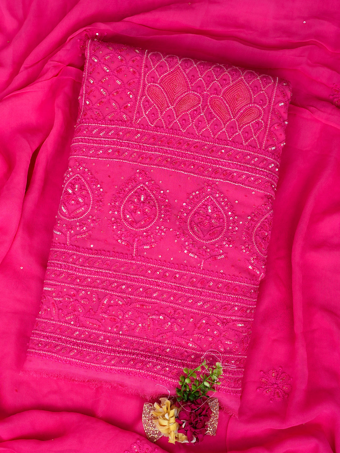 Ada Hand Embroidered Carrot Pink Viscose Georgette Lucknowi Chikankari Unstitched Kurta Dupatta Set With Sequinned Work 01A965034