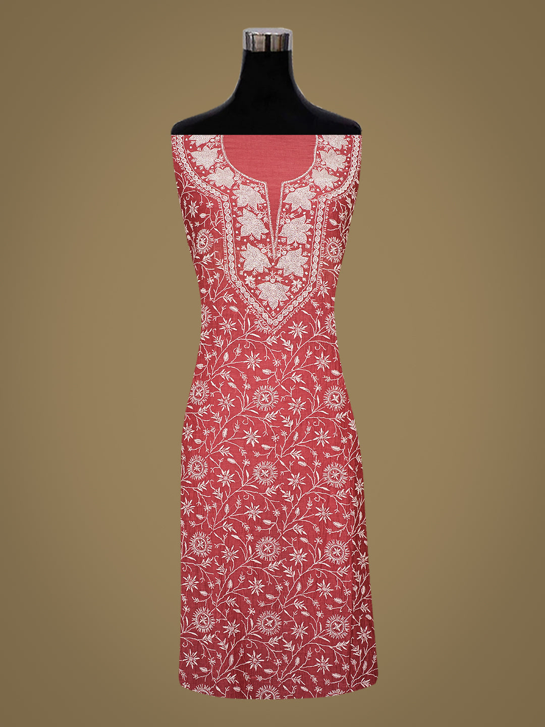 Ada Hand Embroidered Carrot Pink Chanderi Lucknowi Chikankari Unstitched Kurta Dupatta Set 01A934916