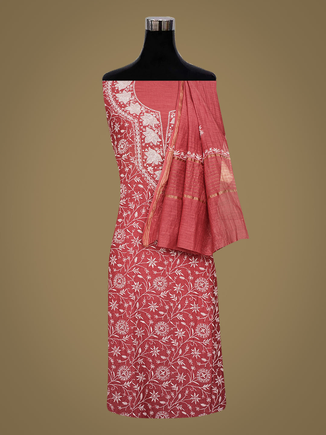 Ada Hand Embroidered Carrot Pink Chanderi Lucknowi Chikankari Unstitched Kurta Dupatta Set 01A934916