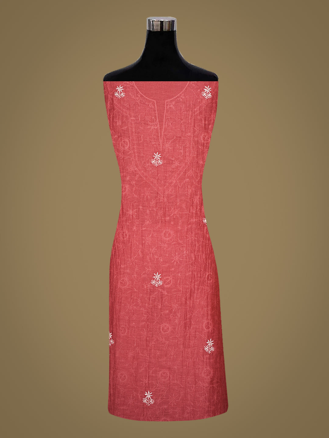 Ada Hand Embroidered Carrot Pink Chanderi Lucknowi Chikankari Unstitched Kurta Dupatta Set 01A934916