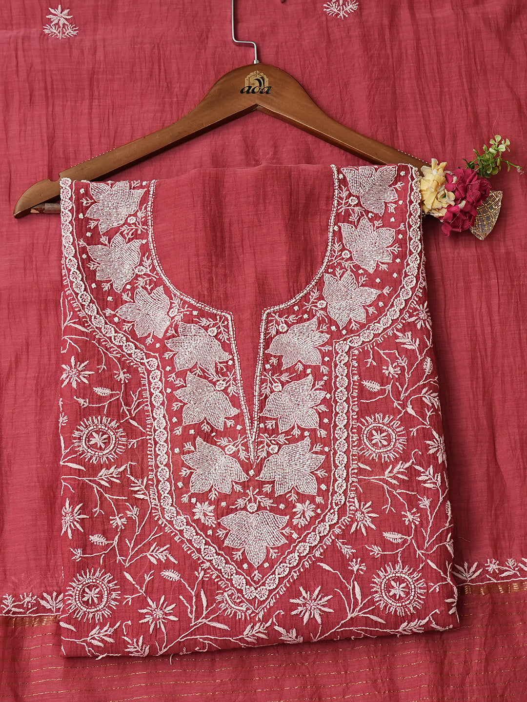 Ada Hand Embroidered Carrot Pink Chanderi Lucknowi Chikankari Unstitched Kurta Dupatta Set 01A934916
