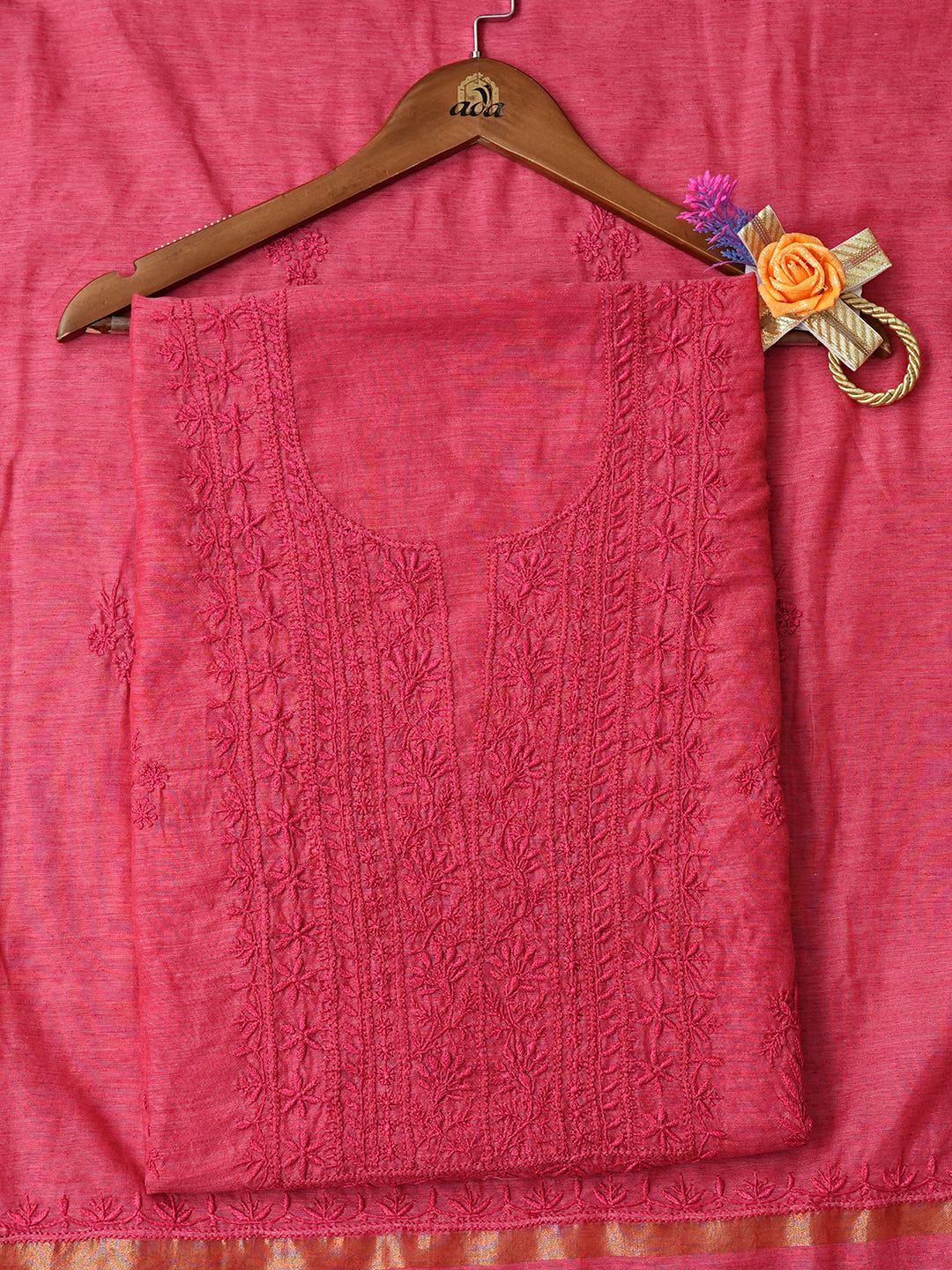 Ada Hand Embroidered Carrot Pink Chanderi Lucknowi Chikankari Unstitched Kurta Dupatta Set 07A502903_1
