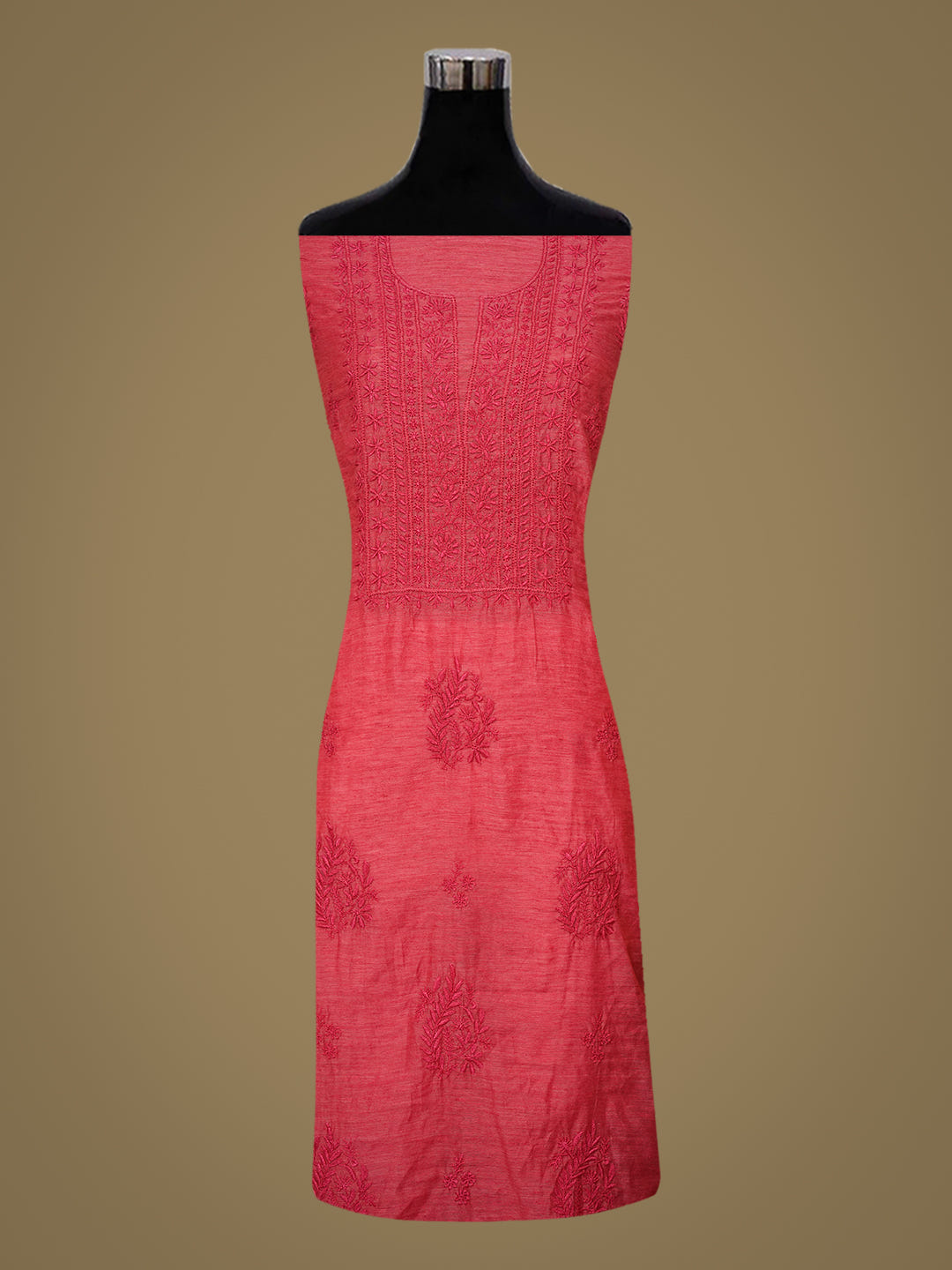 Ada Hand Embroidered Carrot Pink Chanderi Lucknowi Chikankari Unstitched Kurta Dupatta Set 07A502903_3