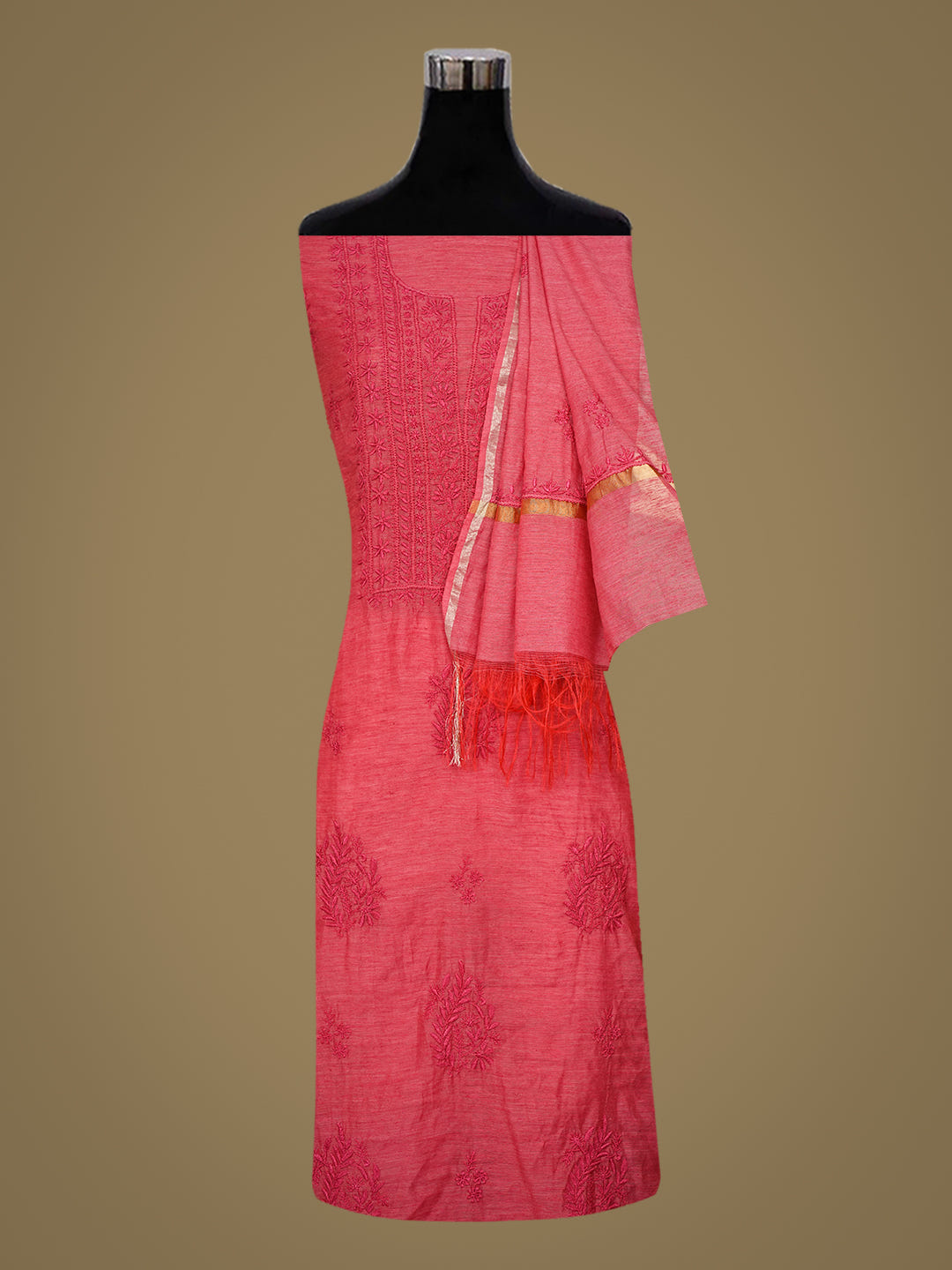 Ada Hand Embroidered Carrot Pink Chanderi Lucknowi Chikankari Unstitched Kurta Dupatta Set 07A502903_2