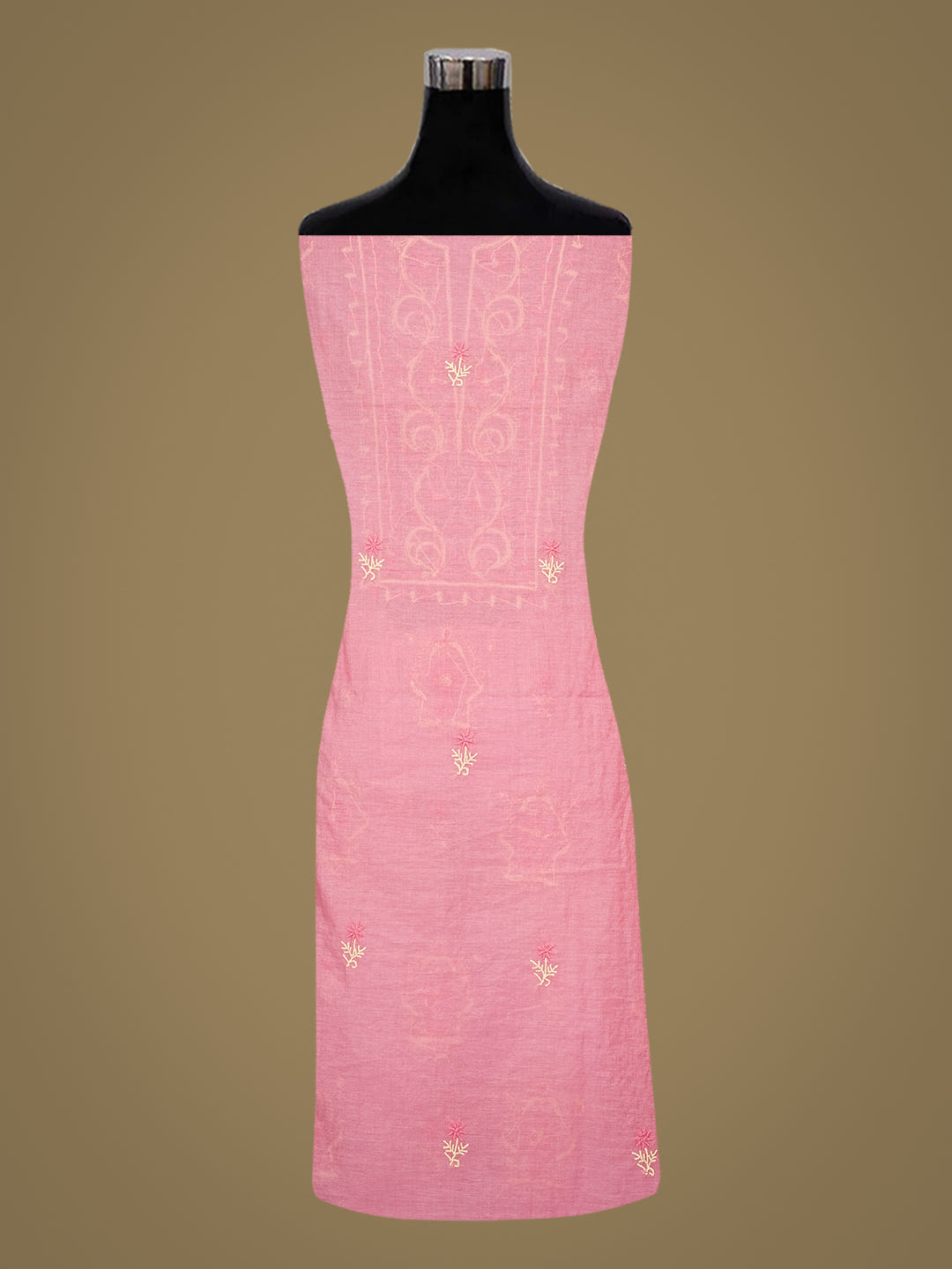 Ada Hand Embroidered Carrot Pink Chanderi Lucknowi Chikankari Unstitched Kurta Dupatta Set 07A503609_1