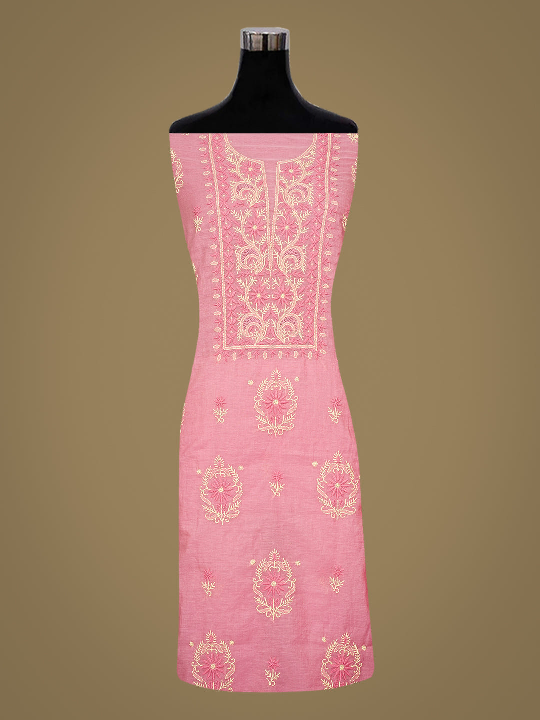Ada Hand Embroidered Carrot Pink Chanderi Lucknowi Chikankari Unstitched Kurta Dupatta Set 07A503609_2