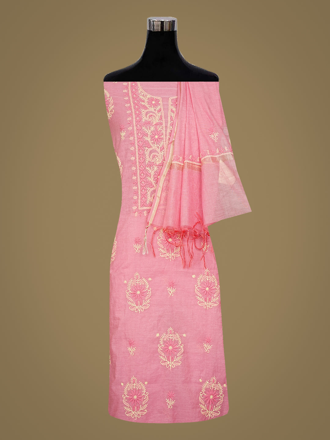 Ada Hand Embroidered Carrot Pink Chanderi Lucknowi Chikankari Unstitched Kurta Dupatta Set 07A503609_3