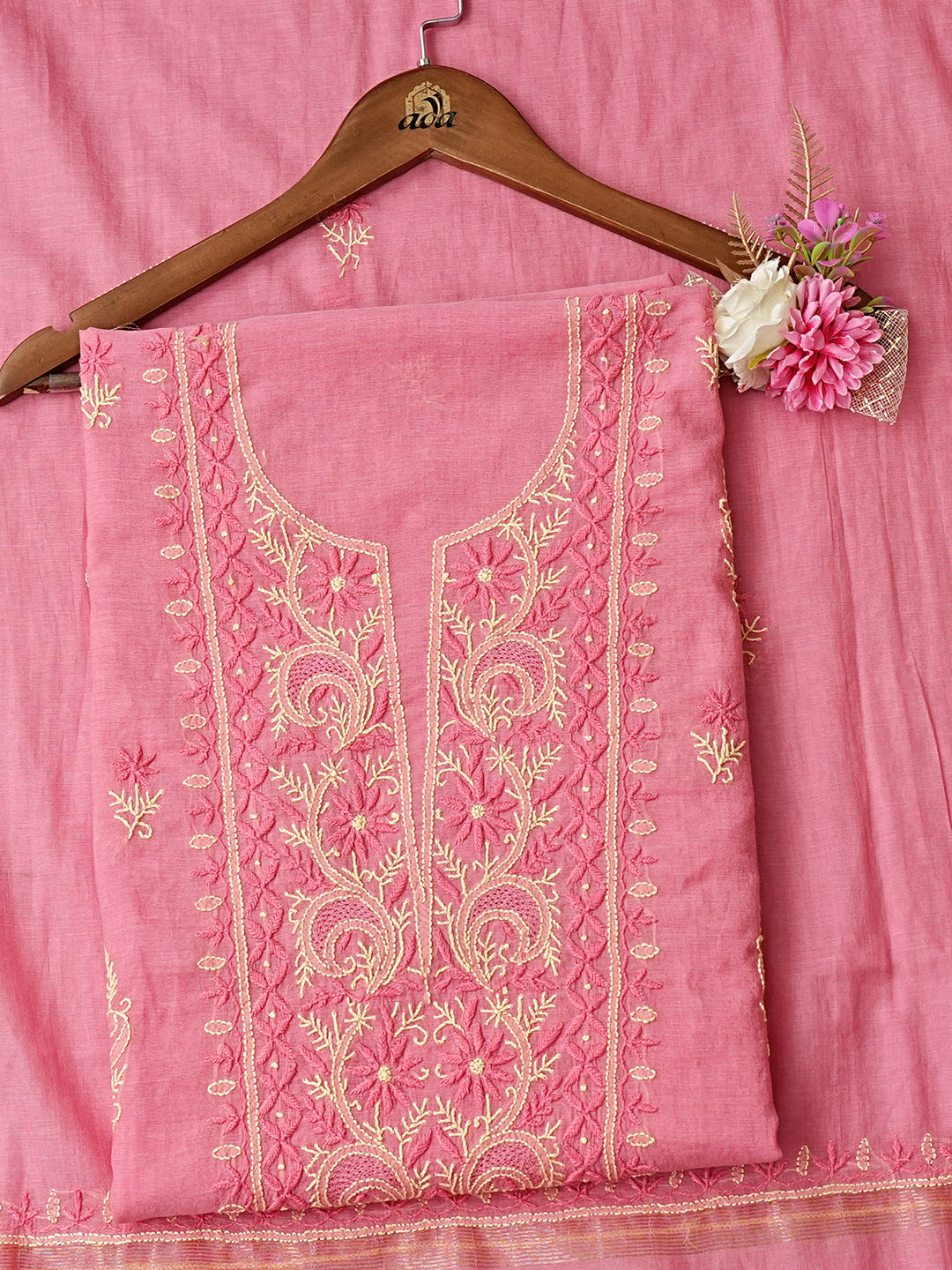 Ada Hand Embroidered Carrot Pink Chanderi Lucknowi Chikankari Unstitched Kurta Dupatta Set 07A503609_5