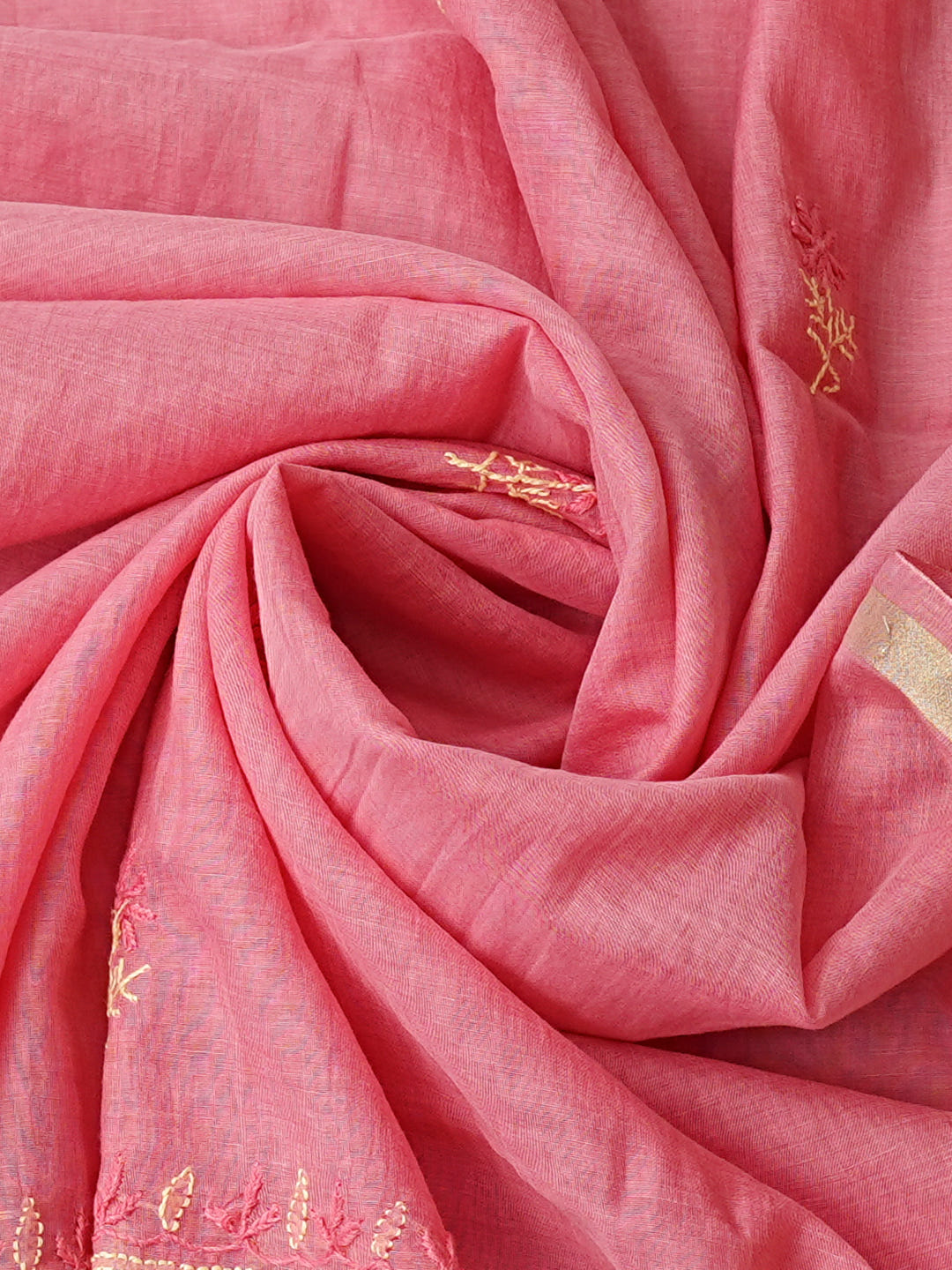 Ada Hand Embroidered Carrot Pink Chanderi Lucknowi Chikankari Unstitched Kurta Dupatta Set 07A503609_6