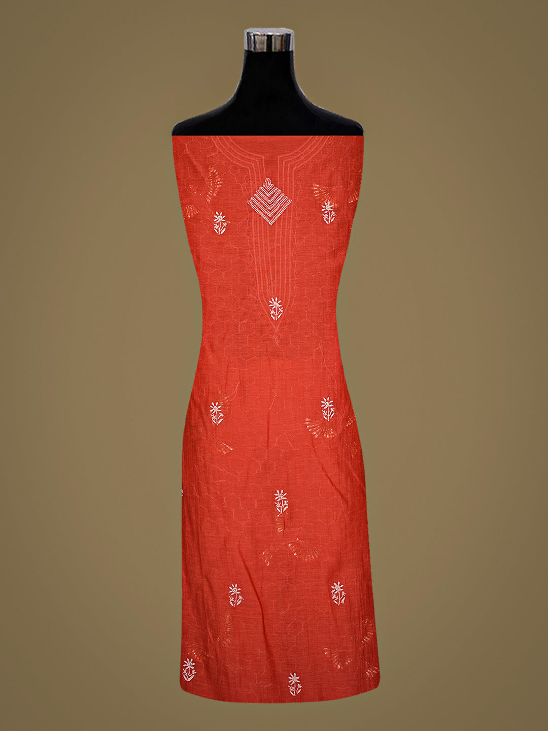 Ada Hand Embroidered Carrot Pink Chanderi Lucknowi Chikankari Unstitched Kurta Dupatta Set With Muqaish/Mukaish Work 01A832276