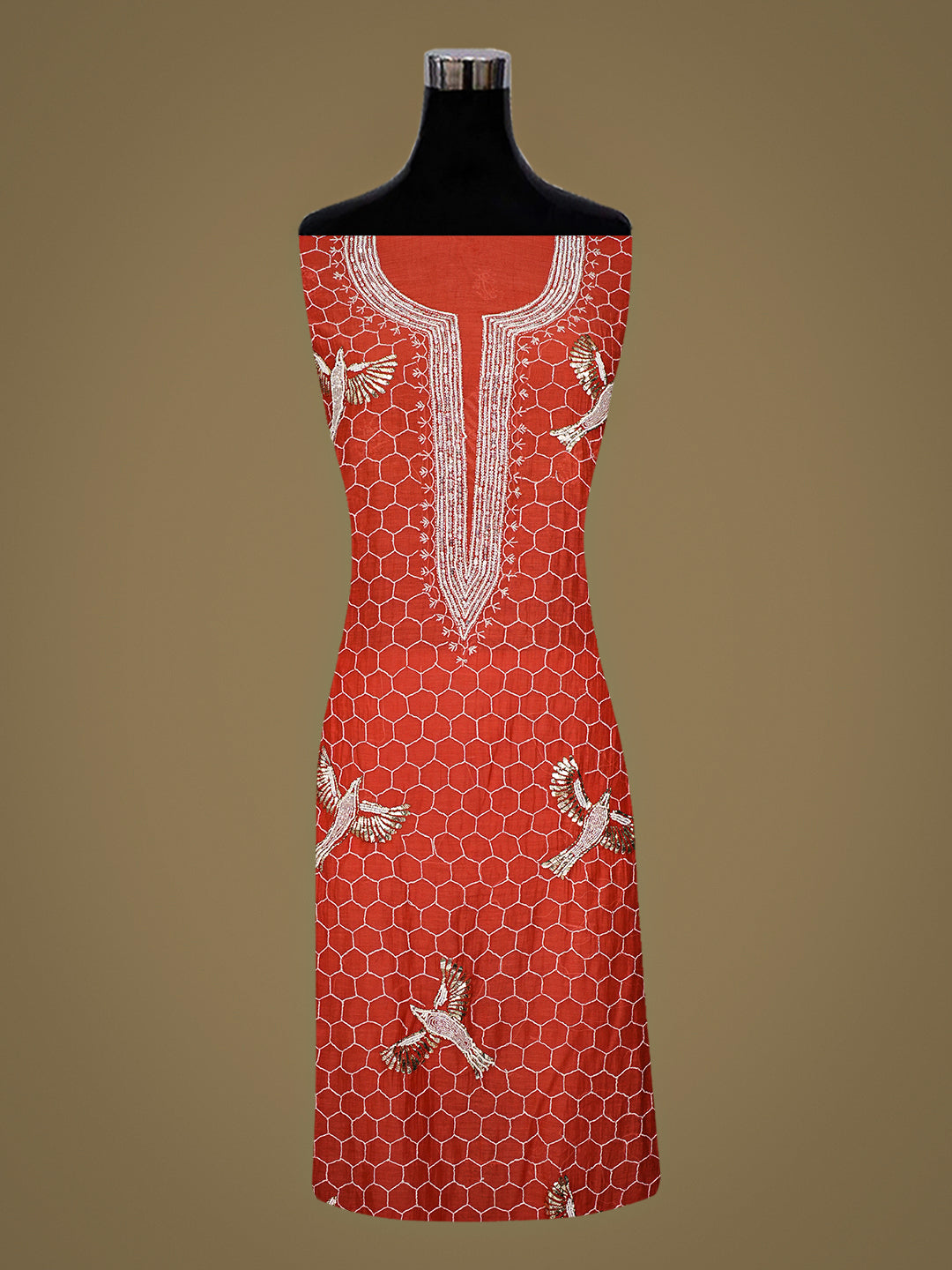 Ada Hand Embroidered Carrot Pink Chanderi Lucknowi Chikankari Unstitched Kurta Dupatta Set With Muqaish/Mukaish Work 01A832276