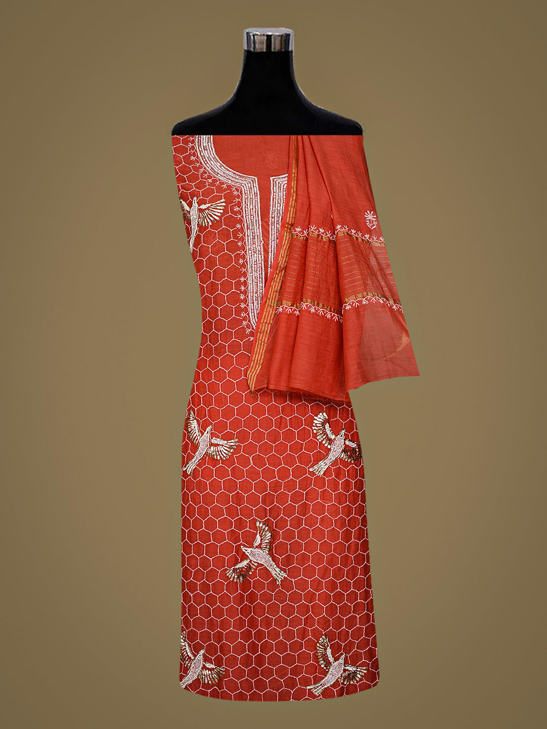 Ada Hand Embroidered Carrot Pink Chanderi Lucknowi Chikankari Unstitched Kurta Dupatta Set With Muqaish/Mukaish Work 01A832276