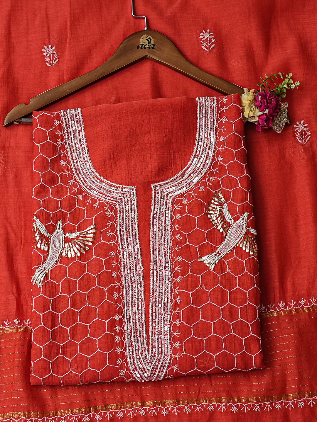 Ada Hand Embroidered Carrot Pink Chanderi Lucknowi Chikankari Unstitched Kurta Dupatta Set With Muqaish/Mukaish Work 01A832276
