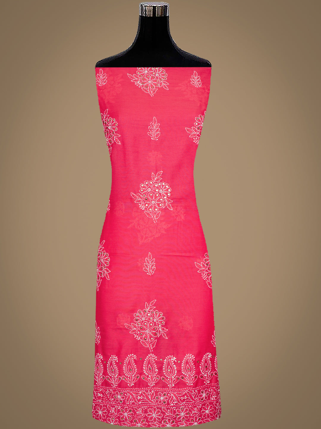 Ada Hand Embroidered Carrot Pink Chanderi Lucknowi Chikankari Unstitched Kurta Dupatta Set With Muqaish/Mukaish Work 01A995045