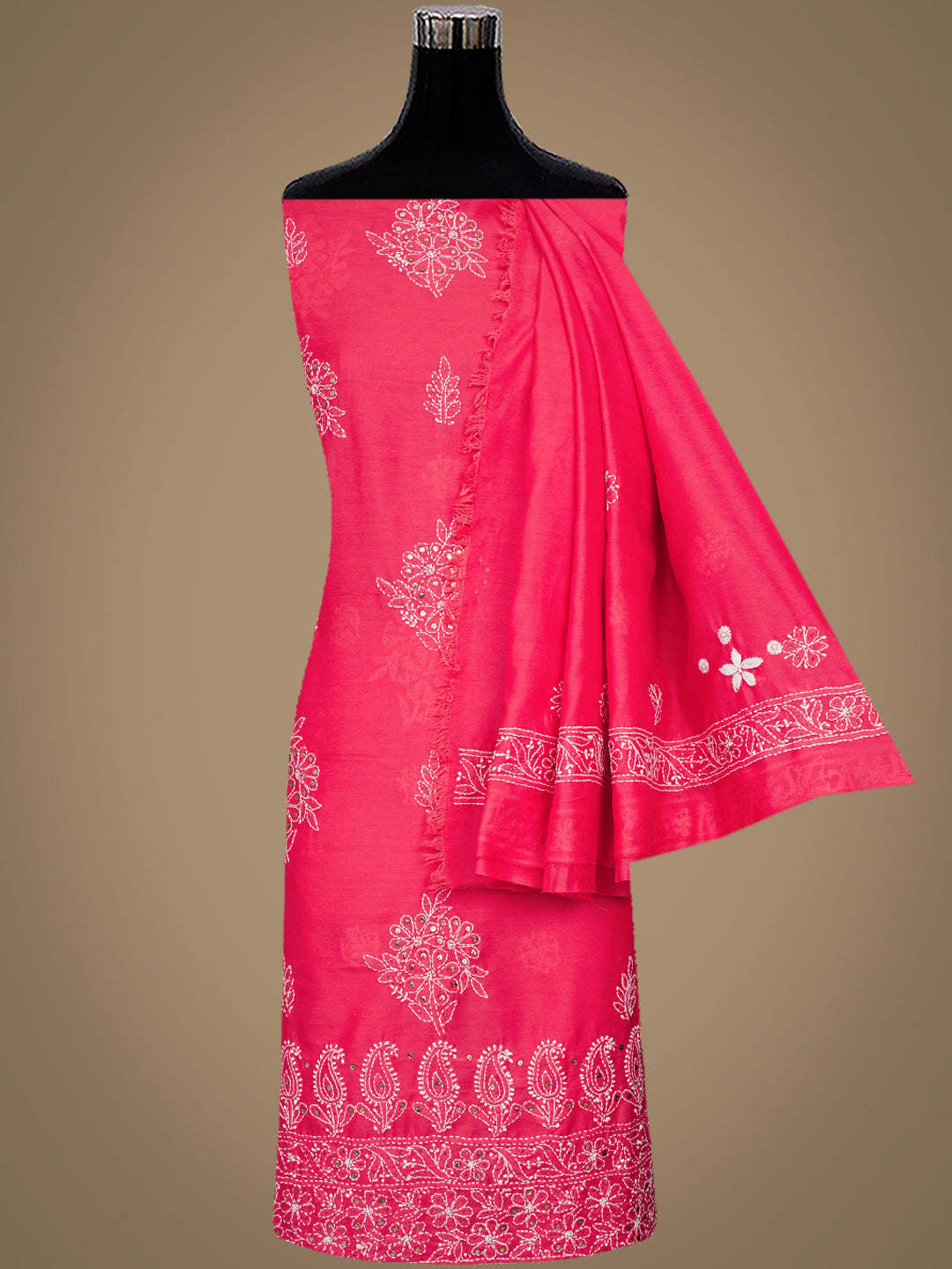 Ada Hand Embroidered Carrot Pink Chanderi Lucknowi Chikankari Unstitched Kurta Dupatta Set With Muqaish/Mukaish Work 01A995045
