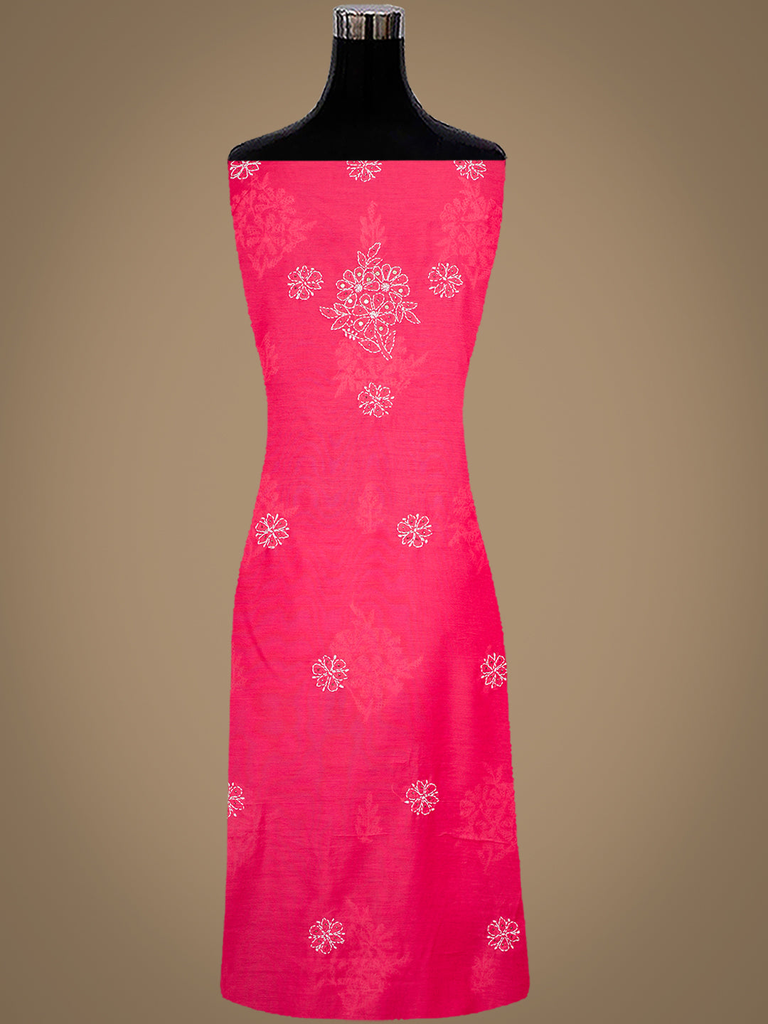 Ada Hand Embroidered Carrot Pink Chanderi Lucknowi Chikankari Unstitched Kurta Dupatta Set With Muqaish/Mukaish Work 01A995045