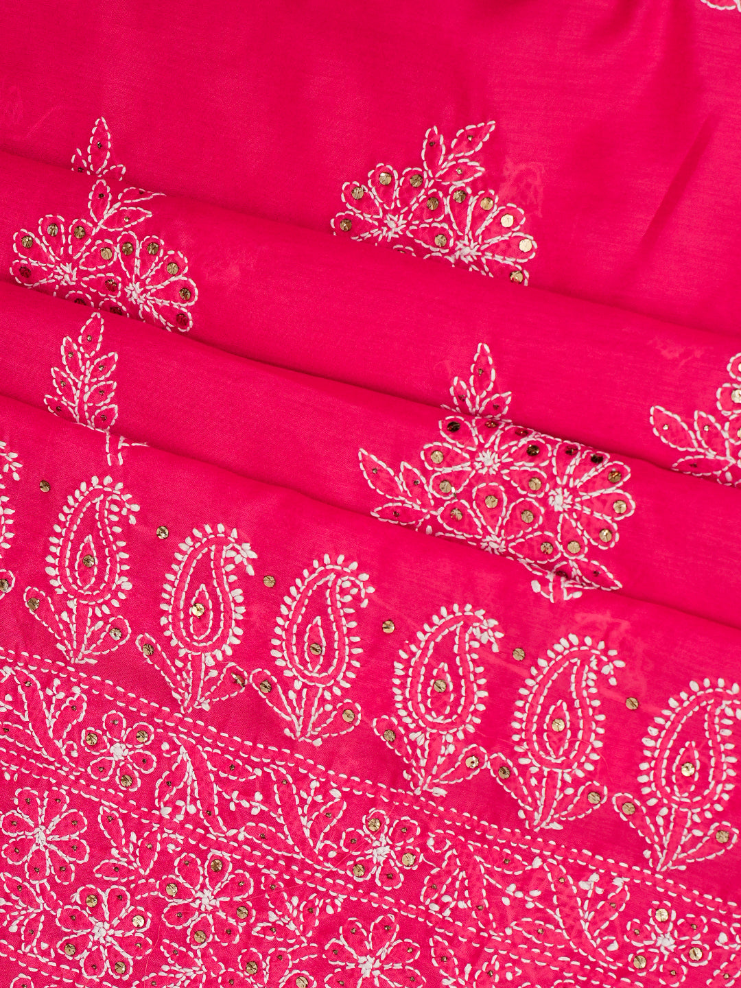 Ada Hand Embroidered Carrot Pink Chanderi Lucknowi Chikankari Unstitched Kurta Dupatta Set With Muqaish/Mukaish Work 01A995045