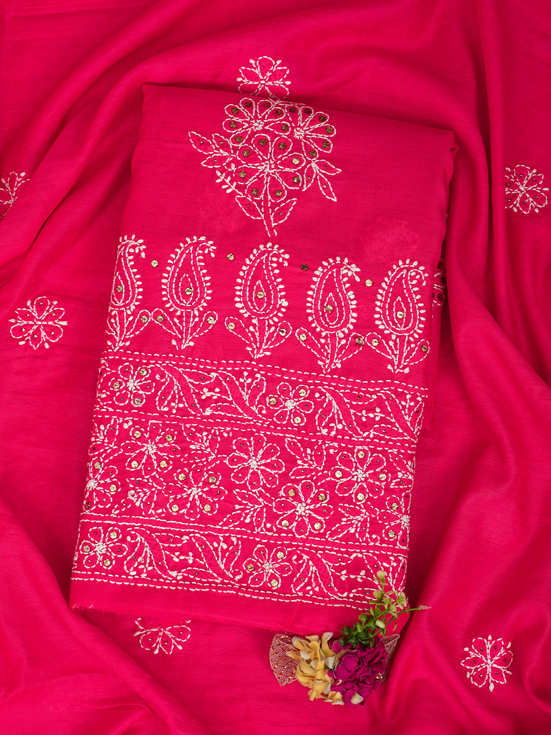 Ada Hand Embroidered Carrot Pink Chanderi Lucknowi Chikankari Unstitched Kurta Dupatta Set With Muqaish/Mukaish Work 01A995045