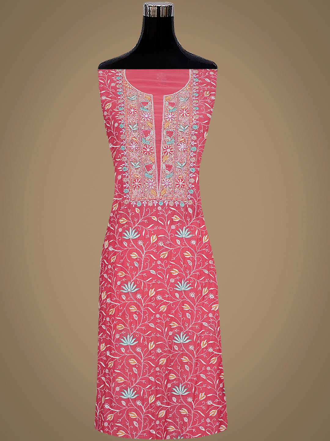 Lucknowi Chikankari Carrot Pink Unstitched Kurta Set With Pearl Work