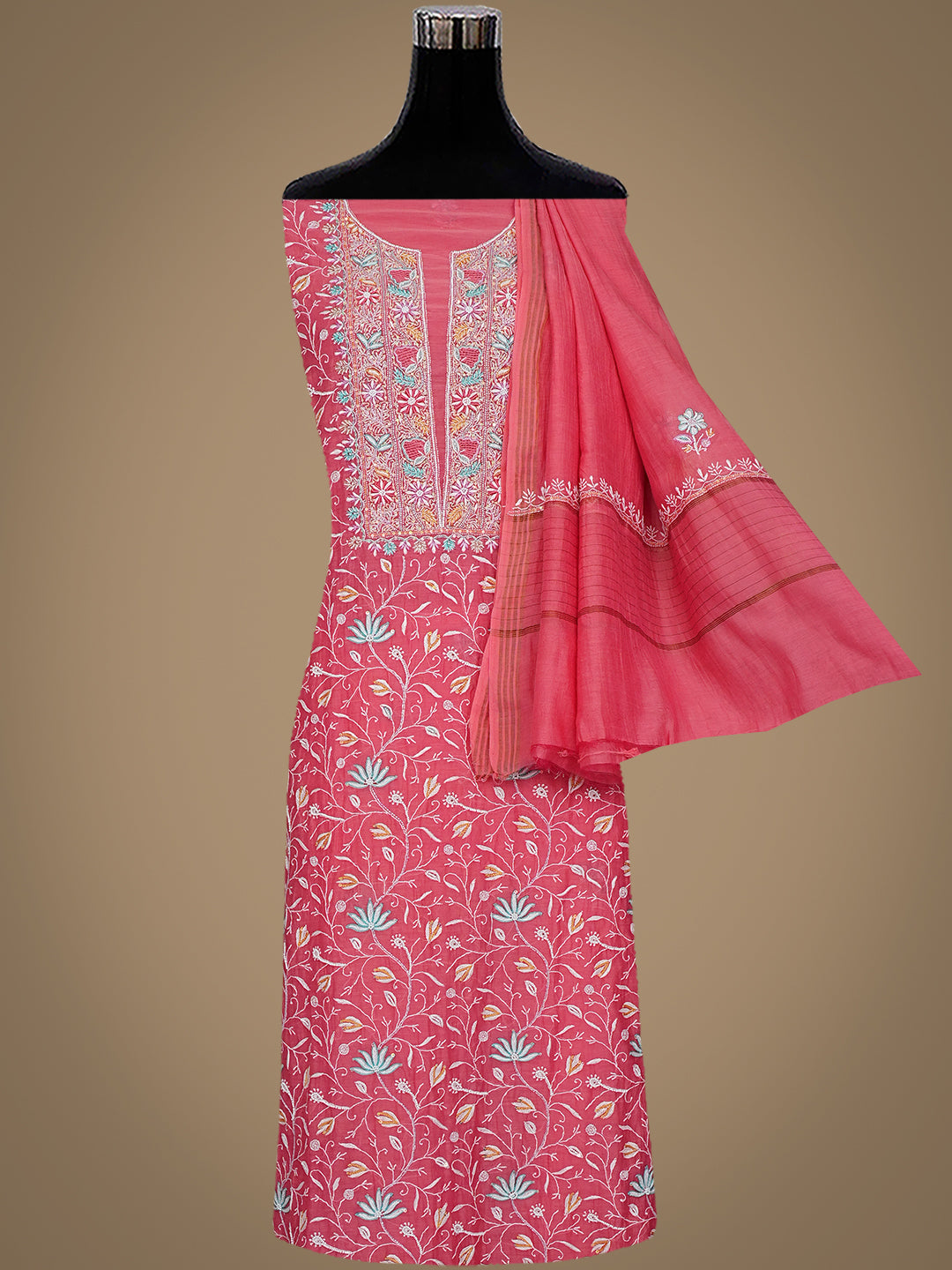 Hand Embroidered Carrot Pink Chanderi Kurta Dupatta Set by Ada Chikan