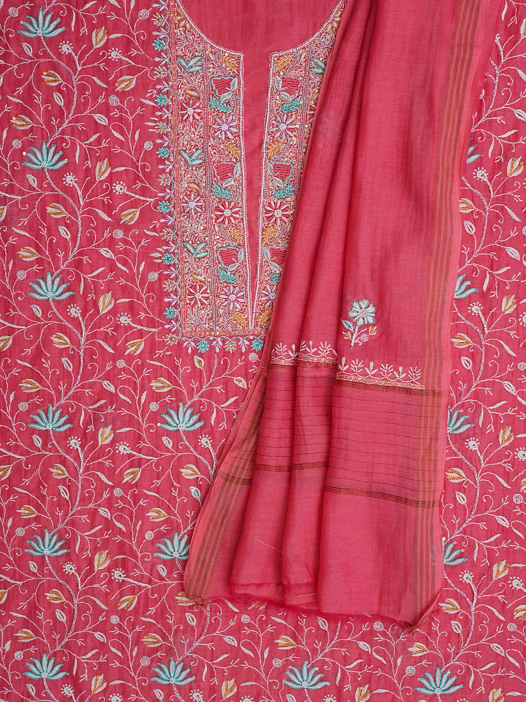 Ada Chikan Pearl Work Chanderi Unstitched Dress Material in Carrot Pink