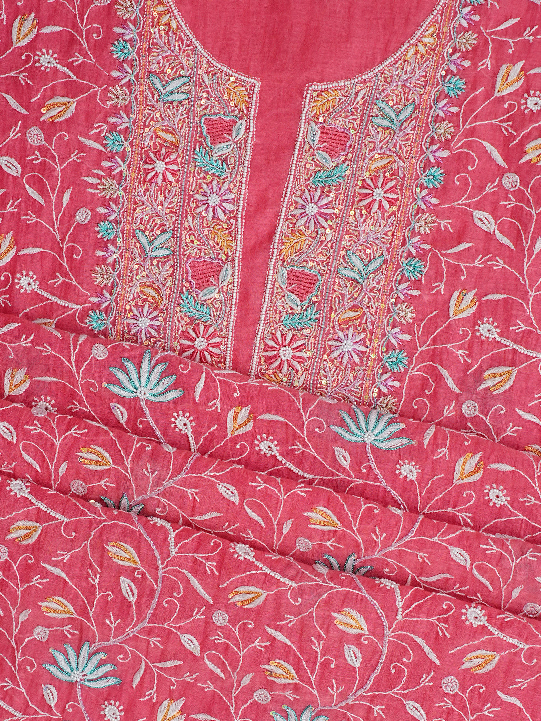 Traditional Lucknowi Chikankari Chanderi Kurta Dupatta Set
