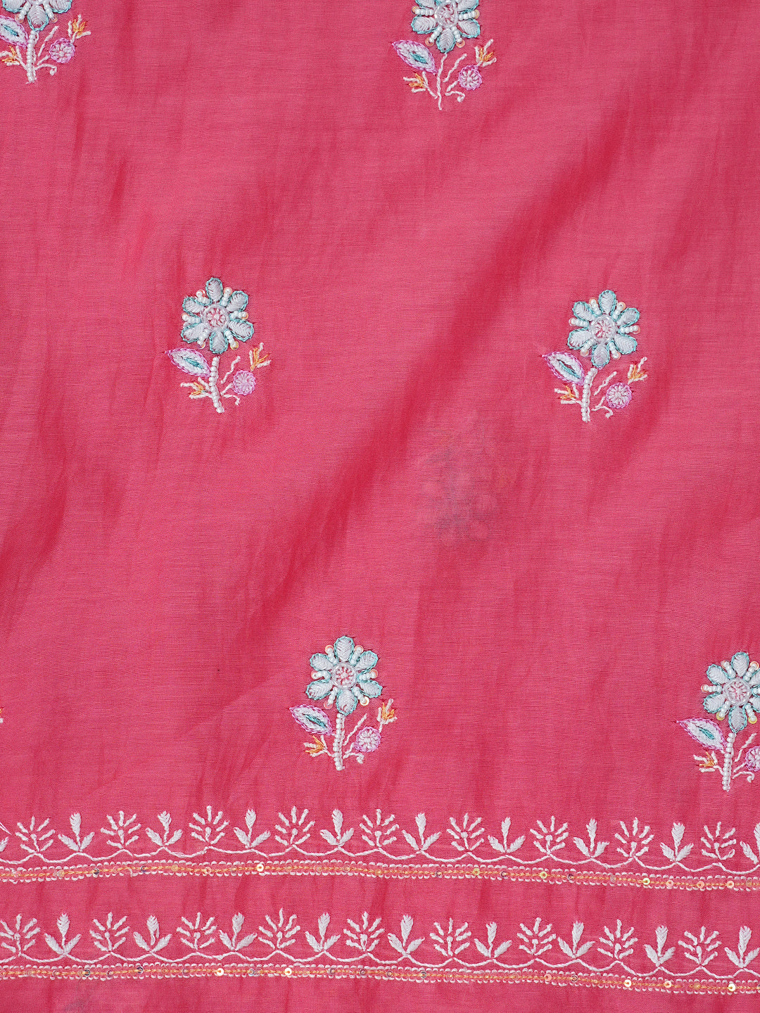 Premium Carrot Pink Chanderi Kurta Set With Handmade Embroidery