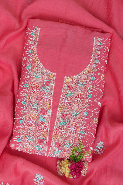 Ada Carrot Pink Chanderi Lucknowi Chikankari Unstitched Kurta Dupatta Set With Pearl Work