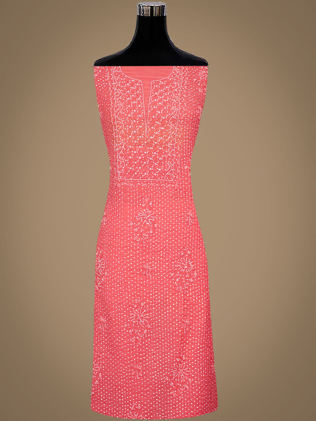 Ada Hand Embroidered Carrot Pink Chanderi Lucknowi Chikankari Unstitched Kurta Dupatta Set With Sequinned Work 01A762775