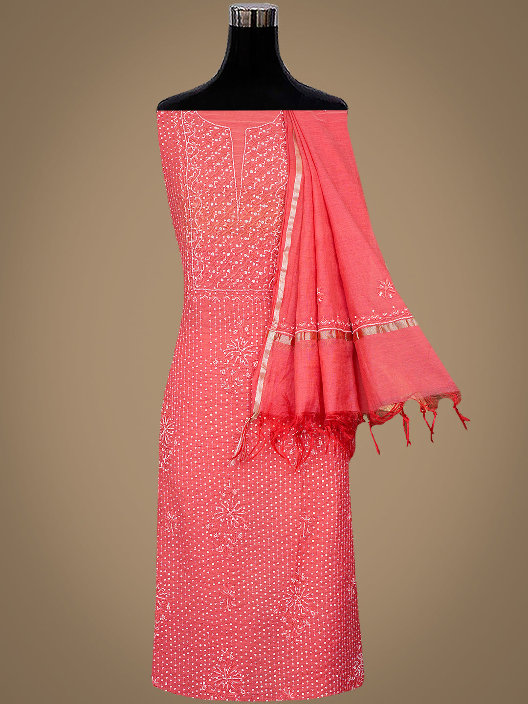 Ada Hand Embroidered Carrot Pink Chanderi Lucknowi Chikankari Unstitched Kurta Dupatta Set With Sequinned Work 01A762775