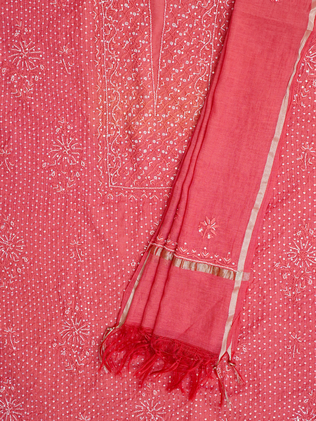 Ada Hand Embroidered Carrot Pink Chanderi Lucknowi Chikankari Unstitched Kurta Dupatta Set With Sequinned Work 01A762775