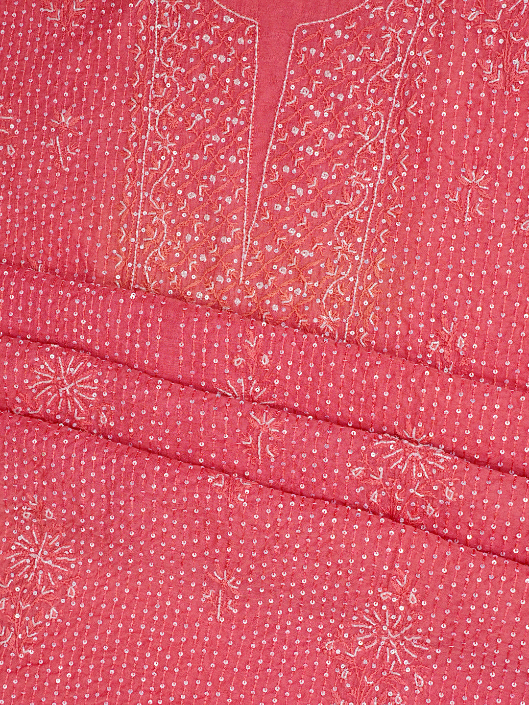 Ada Hand Embroidered Carrot Pink Chanderi Lucknowi Chikankari Unstitched Kurta Dupatta Set With Sequinned Work 01A762775
