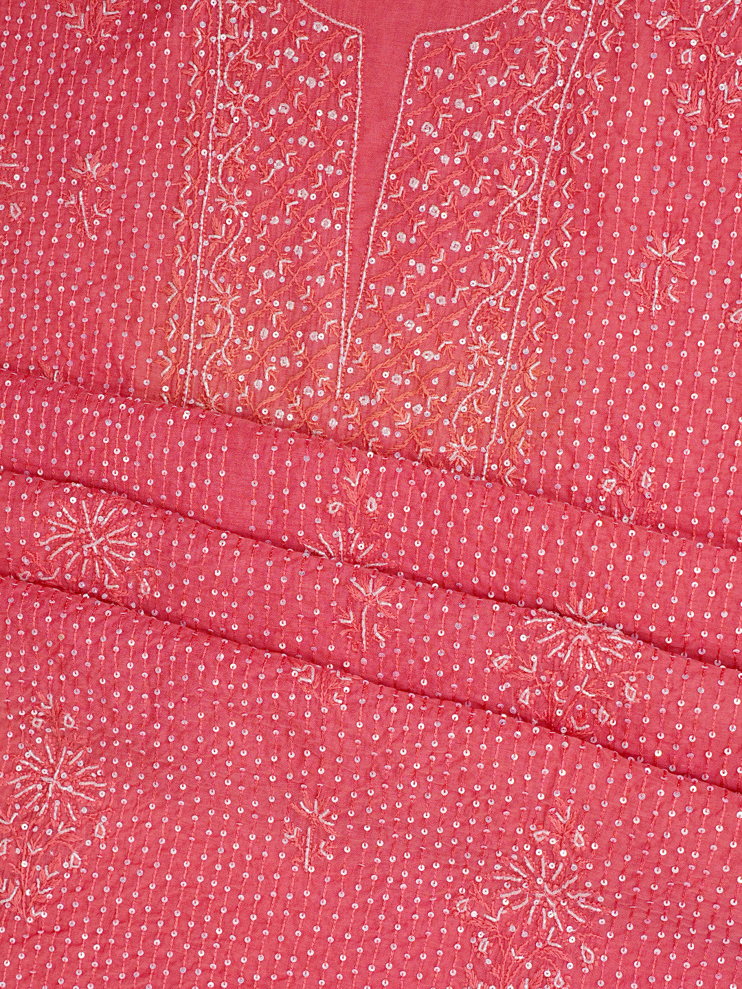Ada Hand Embroidered Carrot Pink Chanderi Lucknowi Chikankari Unstitched Kurta Dupatta Set With Sequinned Work 01A762775