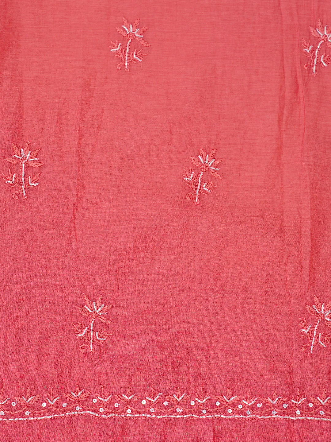 Ada Hand Embroidered Carrot Pink Chanderi Lucknowi Chikankari Unstitched Kurta Dupatta Set With Sequinned Work 01A762775