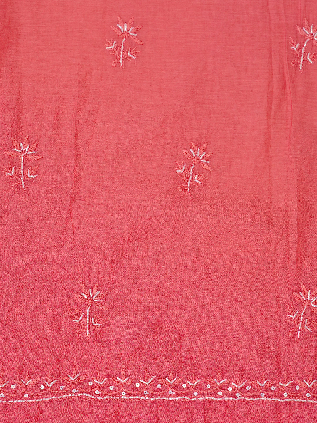 Ada Hand Embroidered Carrot Pink Chanderi Lucknowi Chikankari Unstitched Kurta Dupatta Set With Sequinned Work 01A762775