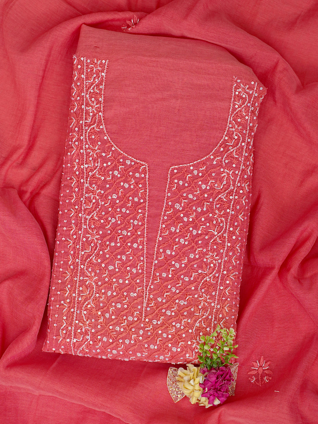 Ada Hand Embroidered Carrot Pink Chanderi Lucknowi Chikankari Unstitched Kurta Dupatta Set With Sequinned Work 01A762775