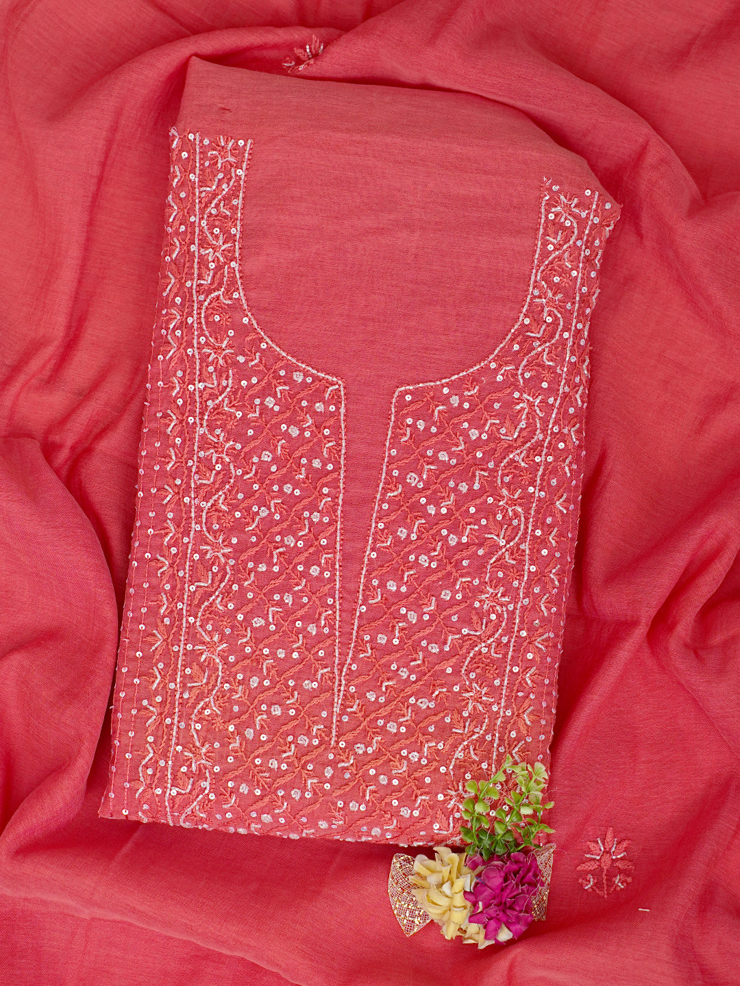 Ada Hand Embroidered Carrot Pink Chanderi Lucknowi Chikankari Unstitched Kurta Dupatta Set With Sequinned Work 01A762775